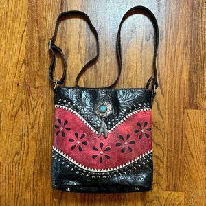 Black and Red Western Tooled Leather Bag